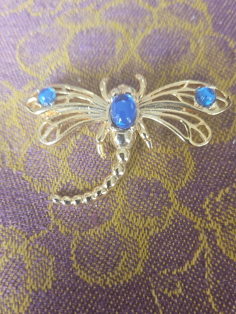Goldtone Dragonfly Brooch with Blue Stones Vintage